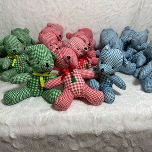 Set Of 24 Vintage Gingham Christmas Teddy Bear Ornaments Ribbon Bow & Embroidery